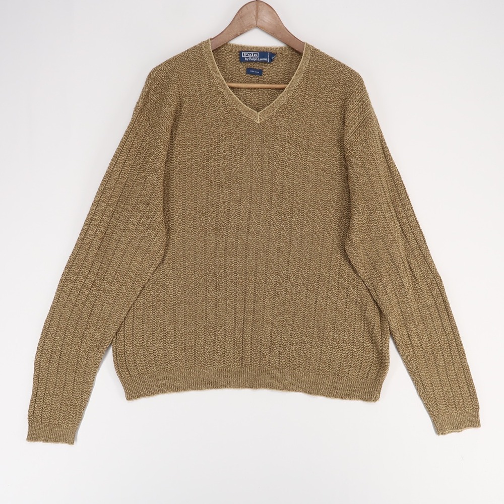 Polo Ralph Lauren Sweater Mens XL Tan Ribbed 100% Silk V Neck Knit Pullover